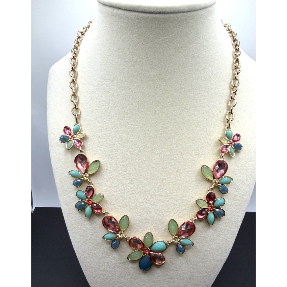 Swarovski Swan Signed Statement Necklace Multi-color Crystal Flowers Gold Tone